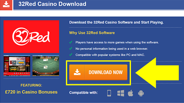 Download 32Red Casino software, large yellow arrow.