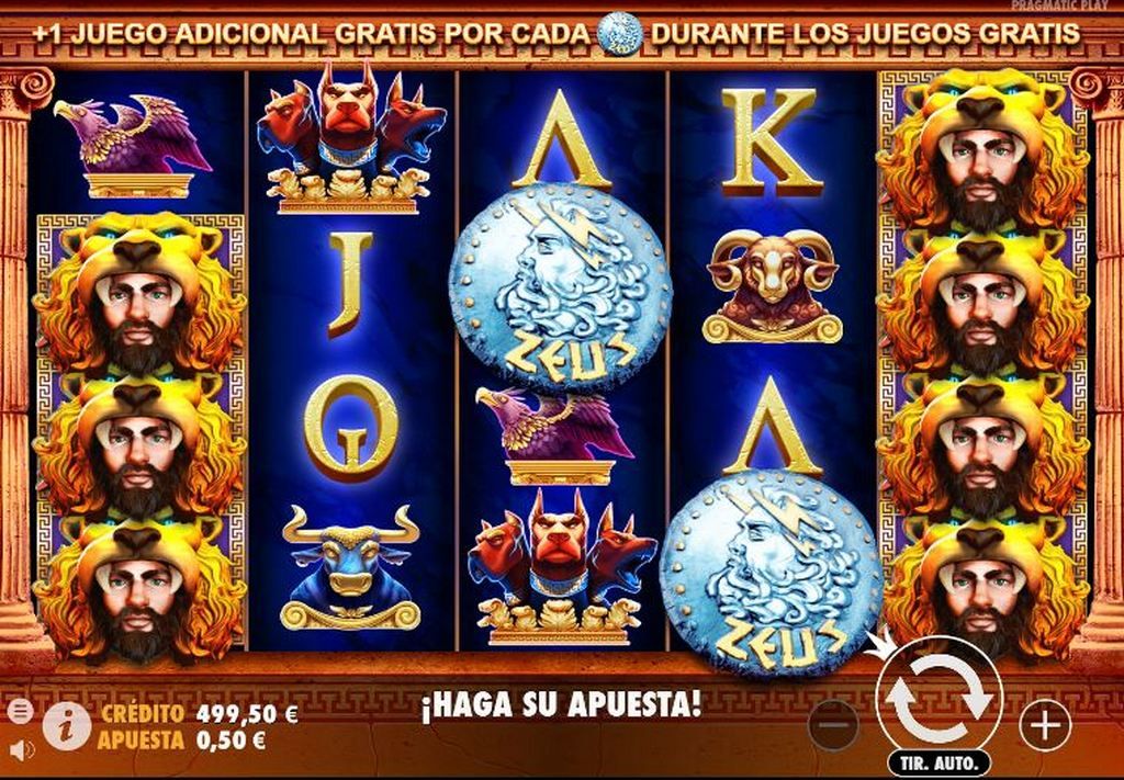 Slot machine game screen with Zeus theme.