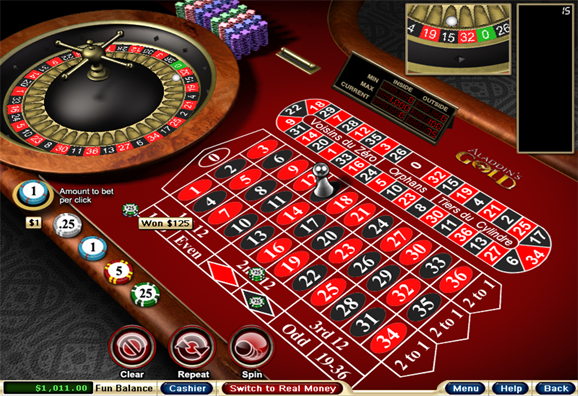 Virtual roulette table game with betting options.