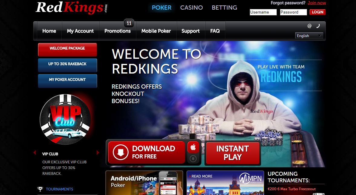 Online poker website homepage with promotional offers.