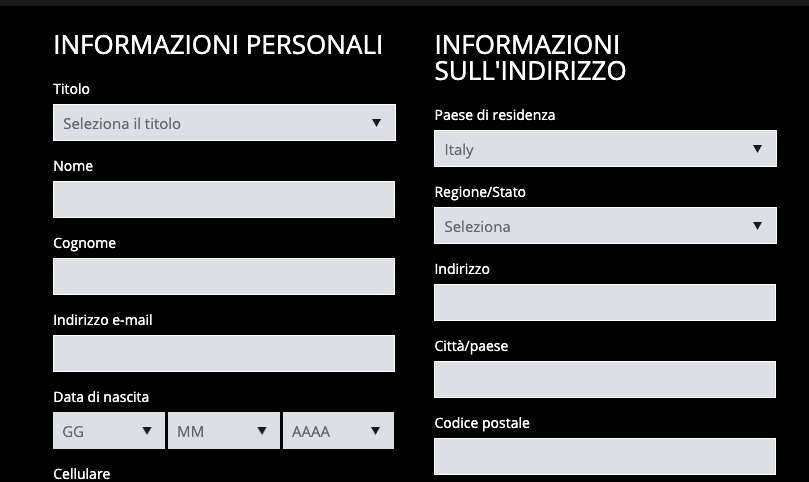 Personal and address information form in Italian.