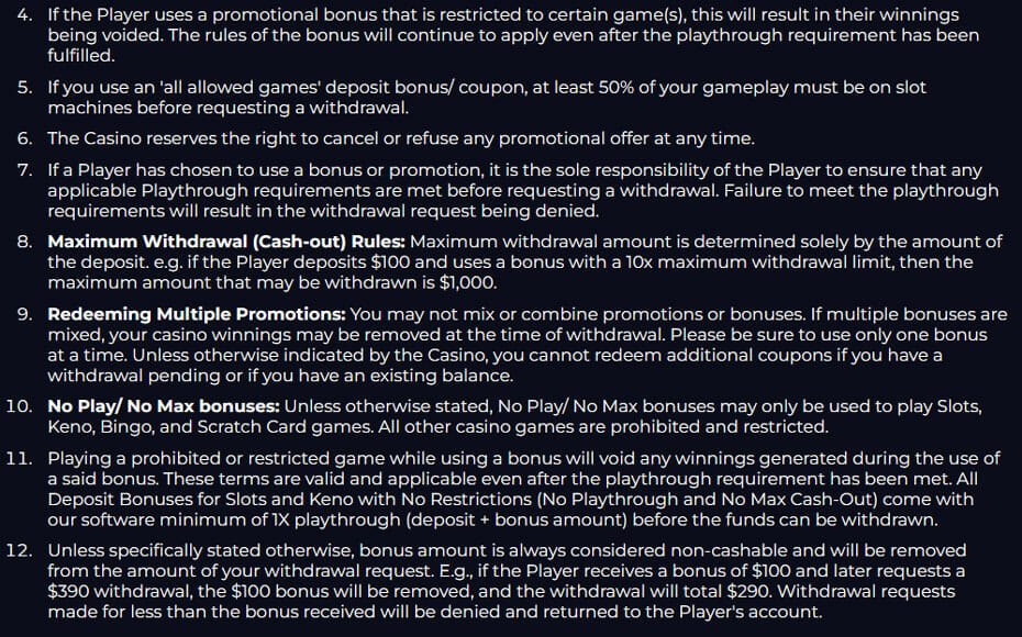 Casino withdrawal and bonus policy rules text.