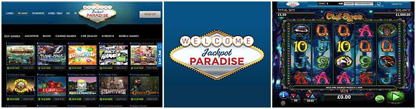 Jackpot Paradise casino games and welcome sign.