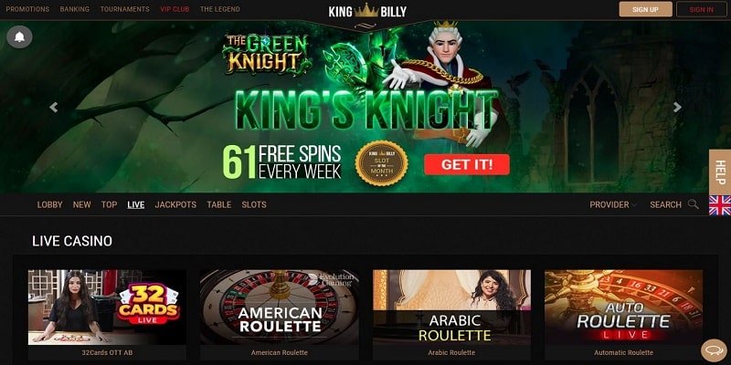 Online casino homepage with promotional banner.