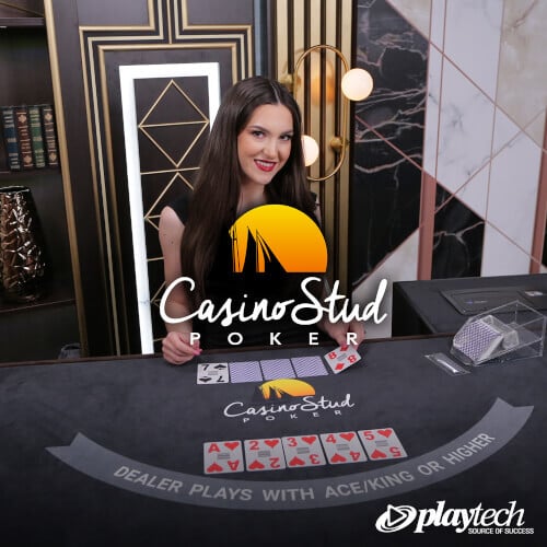 Woman at Casino Stud Poker table smiling.