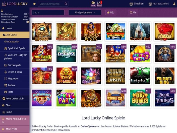 Lord Lucky online casino game selection.