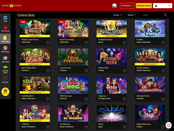 Online slots game selection screen.