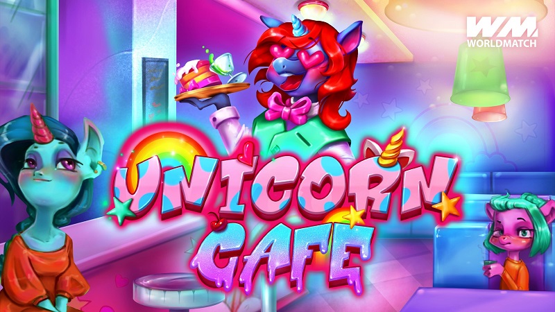 Colorful unicorns in a vibrant cafe setting.