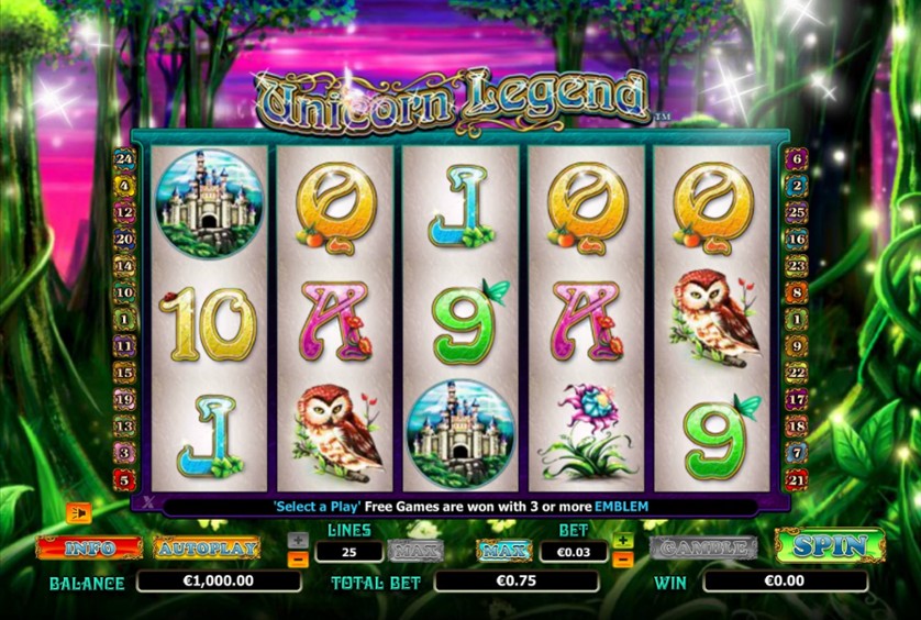 Unicorn Legend slot machine game screen.
