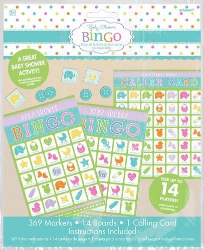 Baby shower bingo game set packaging.
