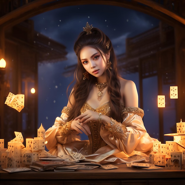 Fantasy woman surrounded by floating playing cards.