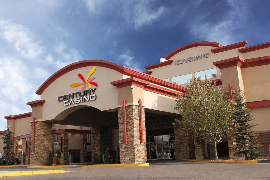 Century Casino entrance with clear sky.