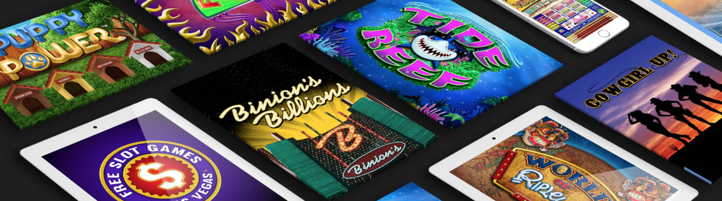 Colorful digital slot game screens on tablets.