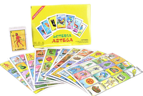 Aztec-themed lotería game set and cards.
