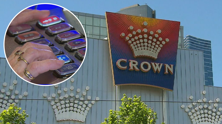 Crown Casino building and slot machine close-up.