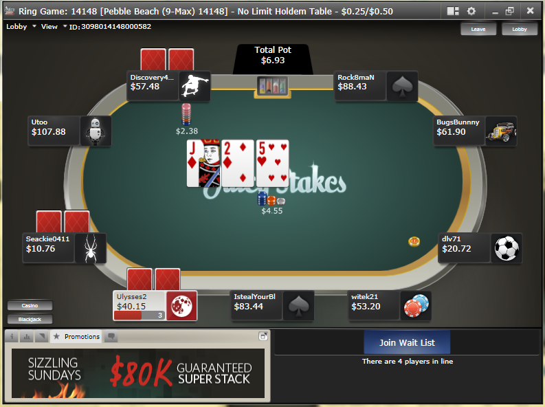 Online poker game with cards and chips.