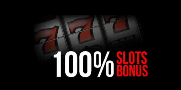 Slot machine with 100% slots bonus text.