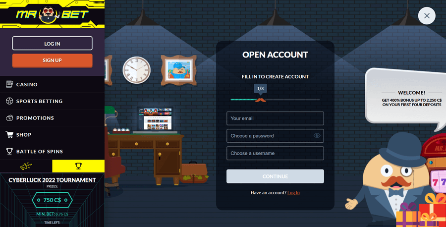 Casino website registration page with cartoon illustration.
