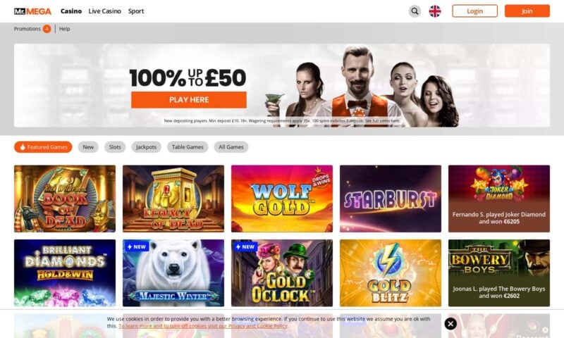 Online casino homepage with game selections.