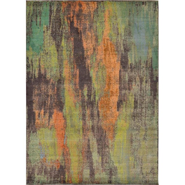 Abstract multicolored area rug with vertical patterns.