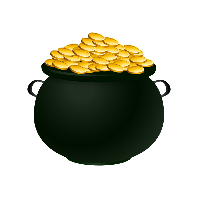Pot filled with gold coins on black.