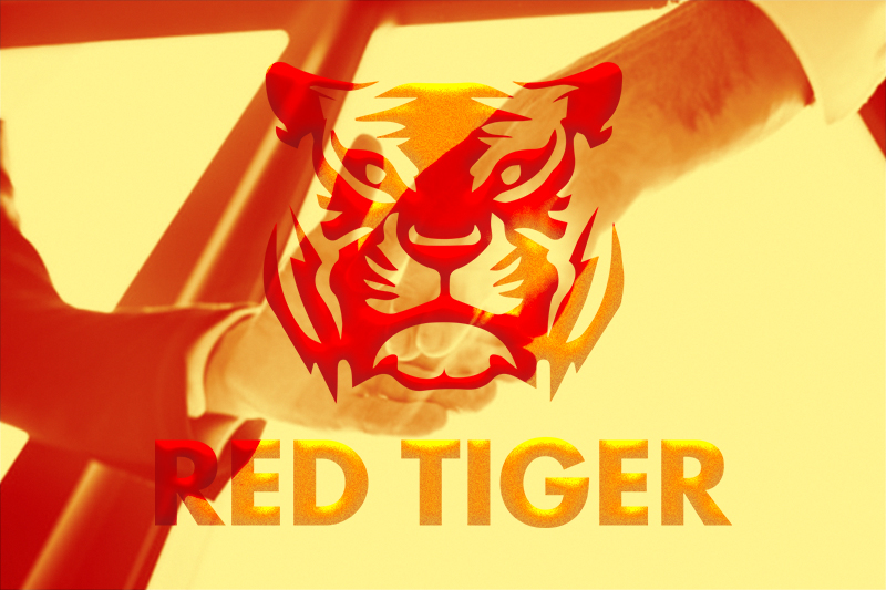 Red Tiger logo with handshake background.