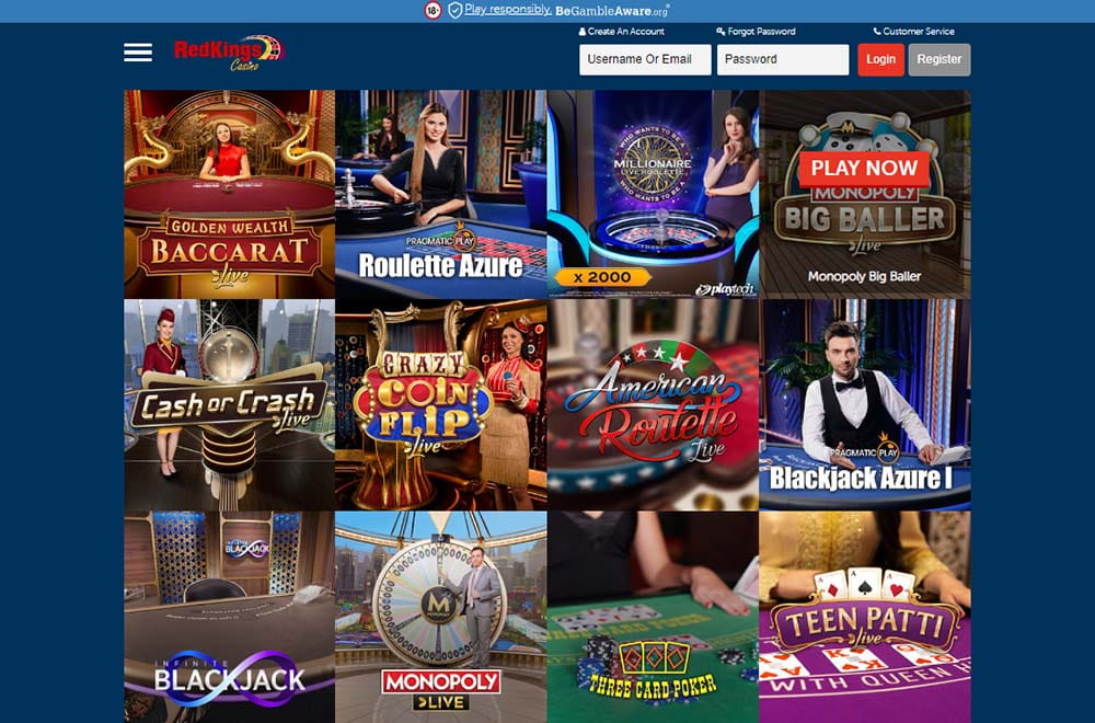 Online casino games selection on a website.