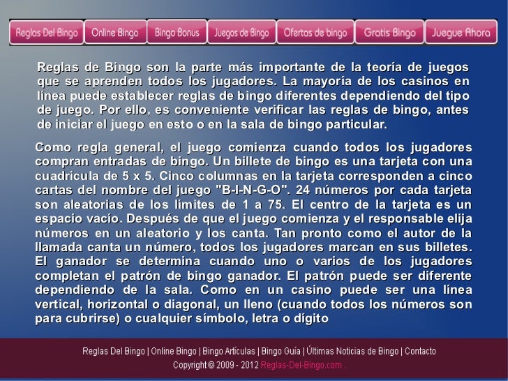 Bingo rules text in Spanish on screen.