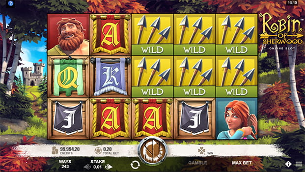 Robin Sherwood slot game screen with symbols.