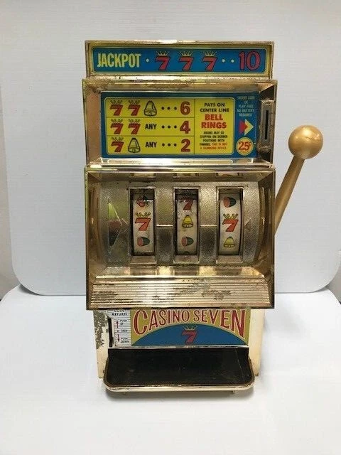 Vintage slot machine with lever and symbols.