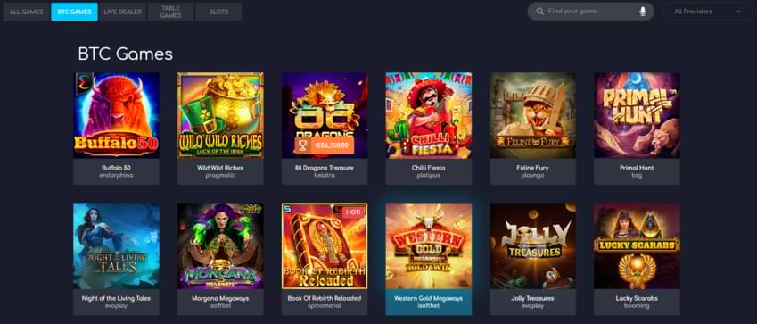 BTC games selection screen with various titles.